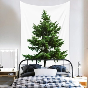Bohemian forest tapestry featuring a lush green pine tree on a white background for decor
