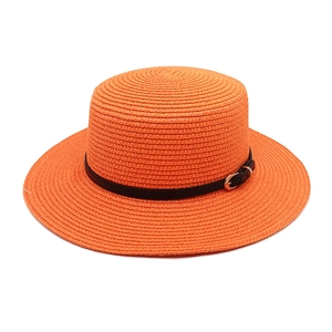 Classic orange flat top straw hat with wide brim and black leather belt accent