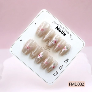 Handmade Press On Nails Cat Eye Butterfly Flower Pattern Long Coffin Shape Elegant False Nail Art For Women