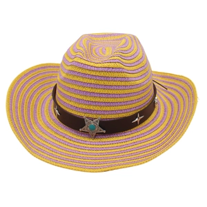 Colorful striped straw jazz hat with star leather band and wide brim for summer travel