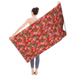 Microfiber beach towel with traditional red floral pattern and peony print for swimming