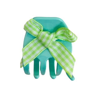 Mint green acetate hair claw clip with green and white gingham ribbon bow decoration