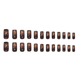Black square press-on nails with golden and orange glitter shimmer flakes set of 24