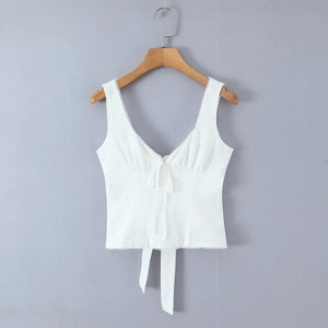 Haut blanc sans manches à col en V pour femmes avec dentelle, nœud et ourlet asymétrique