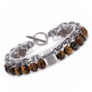 Detailed view of double-layer tiger eye stone bracelet with steel chain and toggle clasp