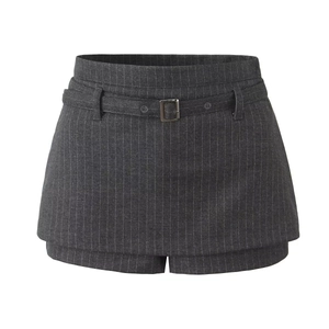 Women dark grey striped skort with high waist design and matching thin belt detail