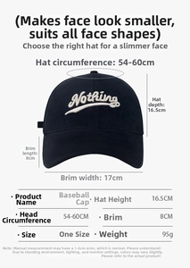 Front view of black embroidered baseball cap with precise height and brim measurements