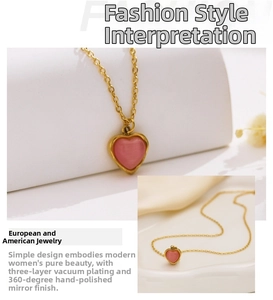 Detail of pink heart pendant necklace with gold chain and polished cat-eye stone finish