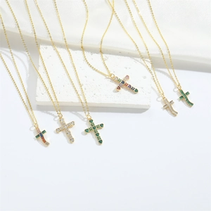 Minimalist gold cross necklace set with colorful zircon and gemstone pendants