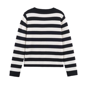Women Striped Knit Cardigan Round Neck Long Sleeve Gold Anchor Buttons French Elegant Style Polyester Sweater