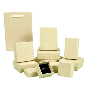 Minimalist beige jewelry packaging set including gift boxes and matching paper bags