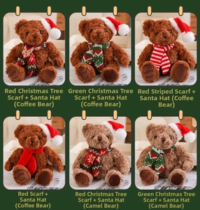 Detailed grid of Christmas teddy bears in brown and camel with festive scarves and hats
