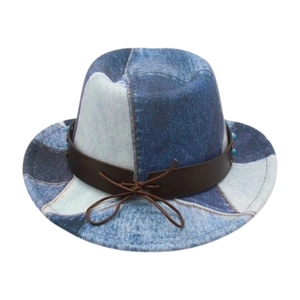 Child jazz hat with vintage patchwork denim patterns and blue beaded decorative band