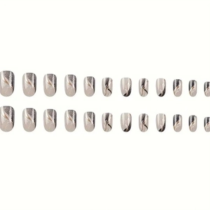 Set of 24 pieces short oval press-on nails with grey and gold marble texture designs