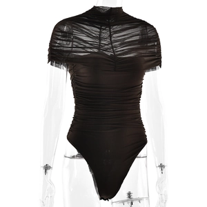 Detail view of the ruched sheer mesh stitching on this dark brown slim fit bodysuit