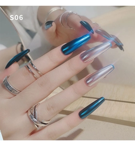 Detail of S06 long coffin nails with electric blue and purple mirror chrome finish