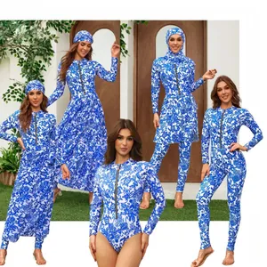 Blue porcelain print long sleeve surf suit set and matching beachwear for women