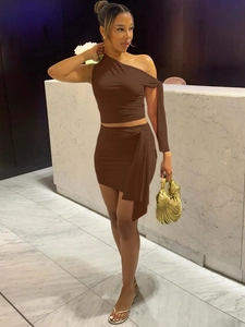 Women's 2-piece deep brown set with one-shoulder crop top and ruched mini skirt