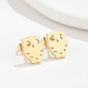 Minimalist gold-plated stainless steel owl stud earrings with crescent moon cutout design