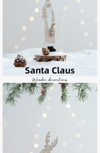 Detail of wooden Santa and reindeer figurines with natural pine cones and snow