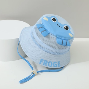Detail of light blue mesh sun hat for kids featuring frog decor and adjustable chin strap