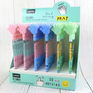 Close-up of 48-pack non-sharpening pencils with colorful gesture shaped caps