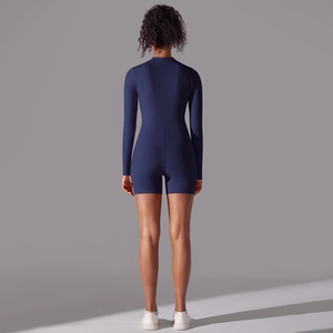 Rear view of sleek navy blue long sleeve bodysuit featuring high-stretch fitness fabric