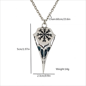 Vintage luminous viking crow skull necklace with runes and sizing dimensions displayed