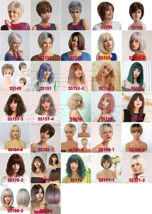 Grid catalog of synthetic wigs in ombre colors, including bob cuts and long straight styles