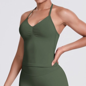 Detail of olive green seamless sports bra with halter straps and gathered chest design