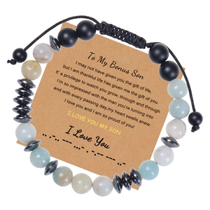 Detail of Morse code beaded bracelet with amazonite and card for family gift