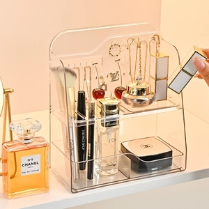 Clear two-tier PET acrylic cosmetic organizer with jewelry hooks for vanity storage