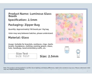 Detailed specs of 2.5mm luminous glass beads showing dimensions and mixed colors