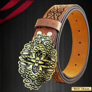 Cintura vintage in pelle 38mm con motivi in rilievo e fibbia floreale bohémien