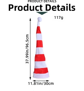 Detailed dimensions of long striped Christmas elf hat with plush pompom and wired tip