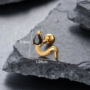 Gold-plated stainless steel snake ear stud with black zircon and threaded ball back