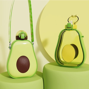 Creative avocado-shaped water bottles with adjustable straps on modern green pedestals