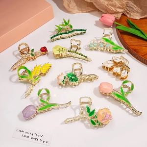 Floral Hair Claw Clip Alloy Enamel Flower Tulip Rose Lily Of The Valley Vintage Elegant Hair Accessories For Women