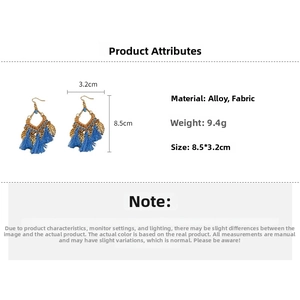 Detailed product dimensions for Bohemian blue fringe earrings with leaf tassel and alloy hook