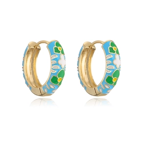 18K gold plated hoop earrings with vintage green and white floral enamel patterns