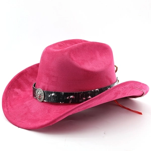Macro detail of pink suede cowboy hat with black leather belt and silver lion emblem