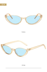Detailed views of cat eye semi-rimless sunglasses in amber frame and light blue lenses