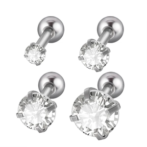 Set of four stainless steel stud earrings with four-prong round zircon and screw ball back