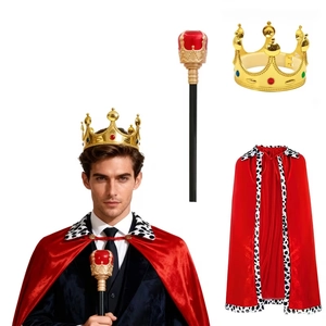 Detail view of red king cloak with spotted trim, golden crown, and scepter for cosplay