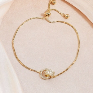 Bracciale Anelli Intrecciati Zircone Placcato Oro Rame Regolabile Catena A Scatola Gioiello Elegante Per Donna