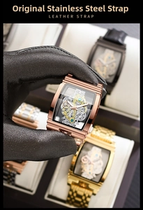 Macro view of a tonneau skeleton mechanical watch with rose gold case and intricate gears