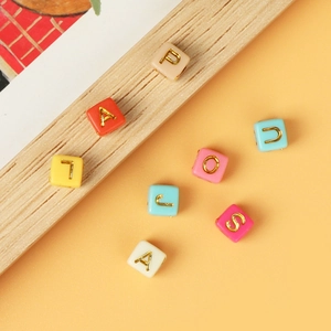 Colorful 6x6mm acrylic square alphabet beads with gold letters for DIY jewelry making