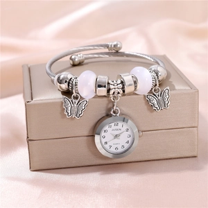 Montre Bracelet Pour Femme Perles Alliage Pendentif Papillon Quartz Analogique Élégant Bijoux De Mode