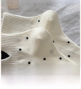 Detail of reinforced heel on polka dot knit socks for durability and comfort fit