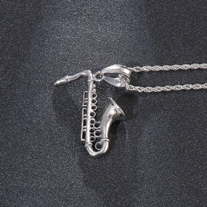Polished silver saxophone pendant necklace made of titanium steel with twist rope chain